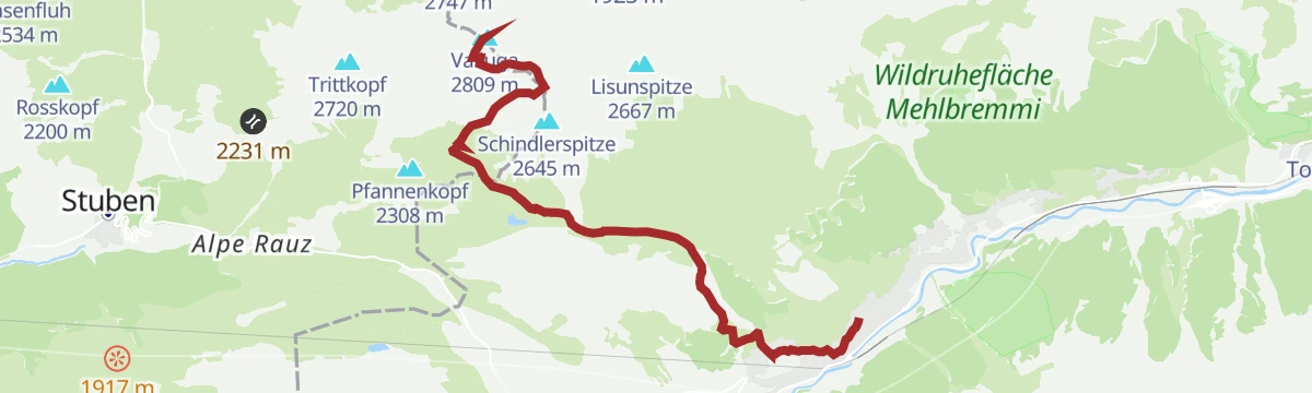 Route map: Valluga- Ulmer Hütte - Steißbachtal - St. Anton